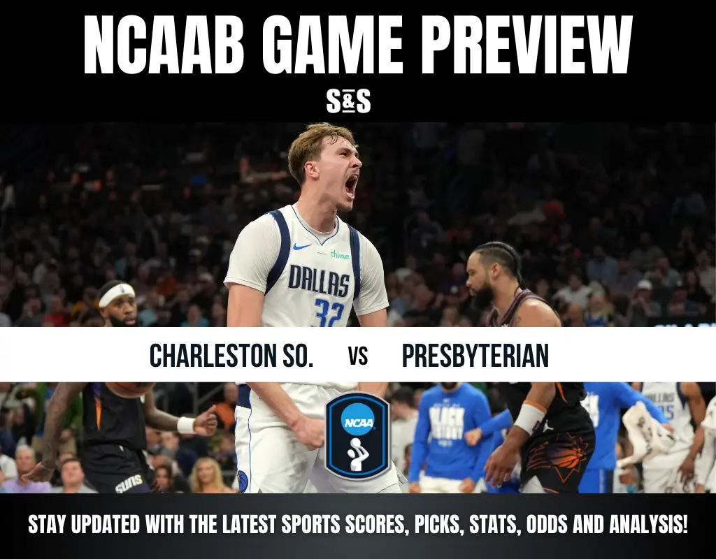 NCAAB game preview featuring Charleston Southern vs. Presbyterian with text promoting updates on scores and analysis.