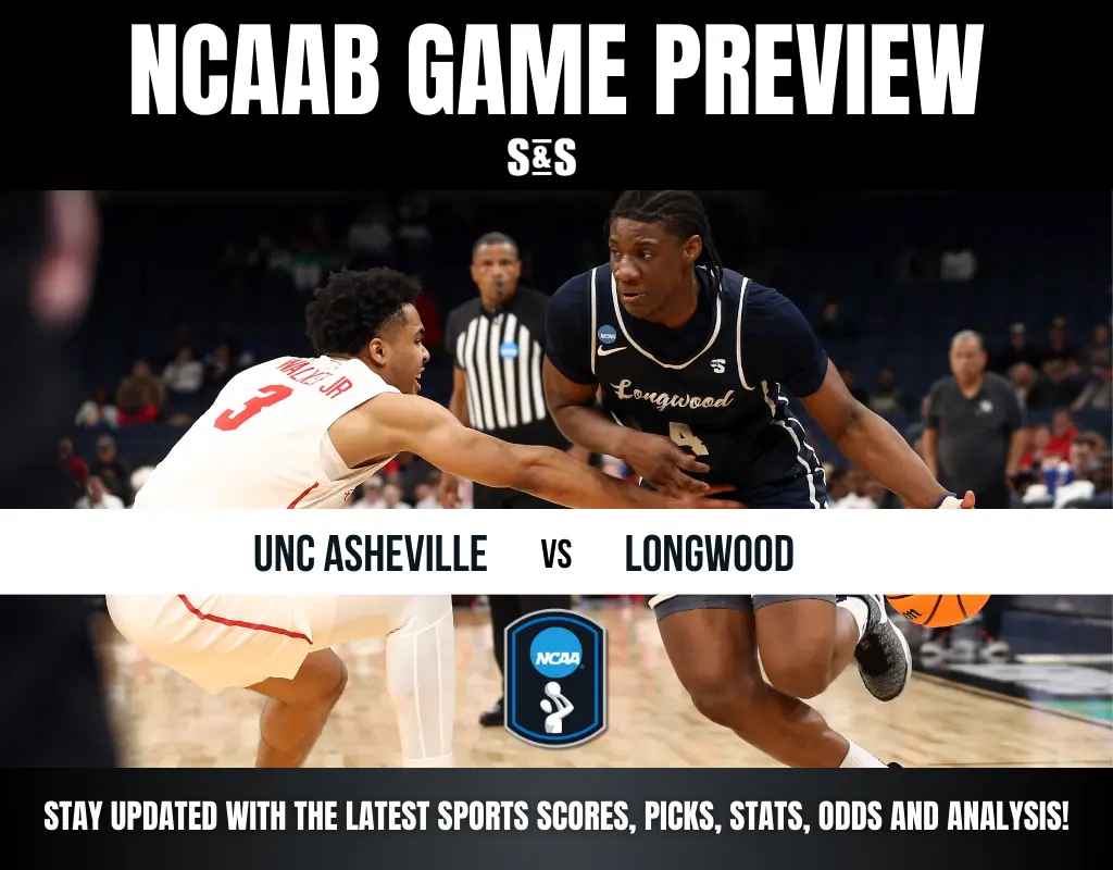 NCAA basketball game preview featuring UNC Asheville vs. Longwood, showcasing players in action on the court.