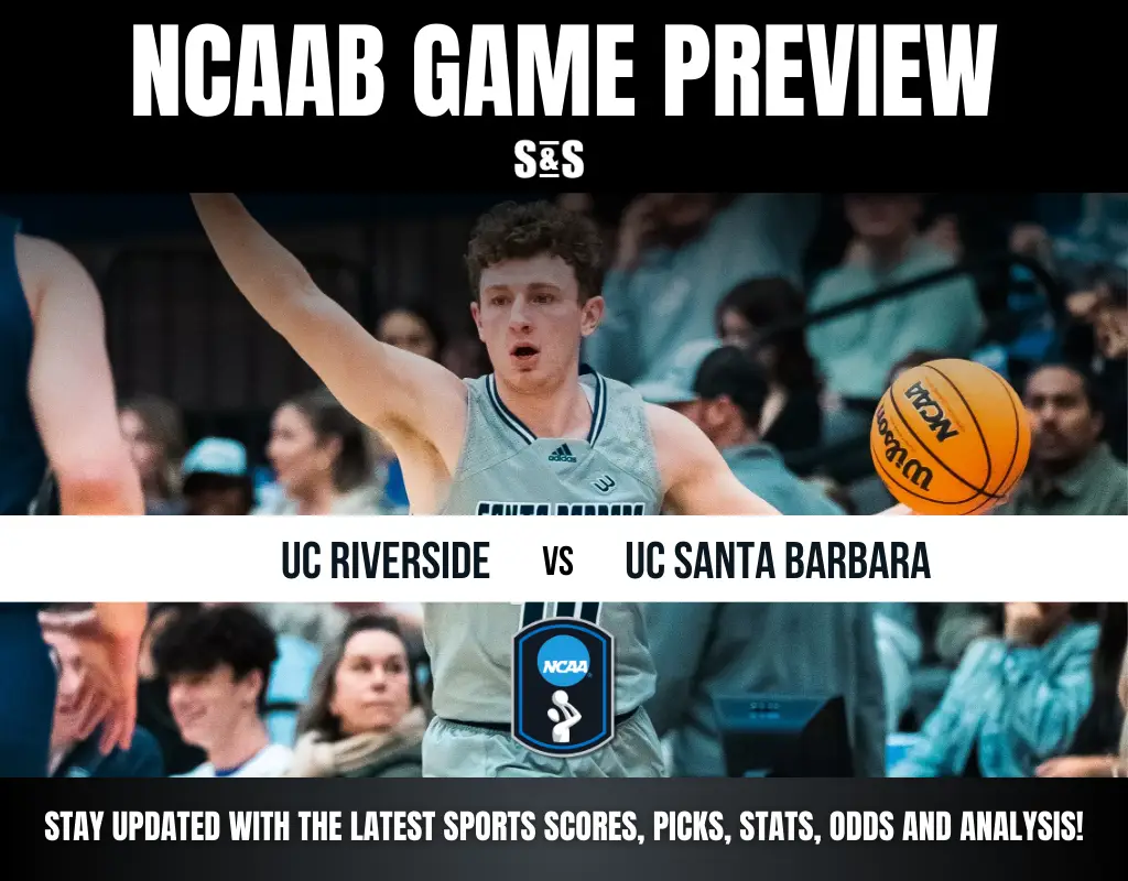 NCAA basketball game preview featuring UC Riverside vs. UC Santa Barbara, with graphics highlighting analysis and updates.