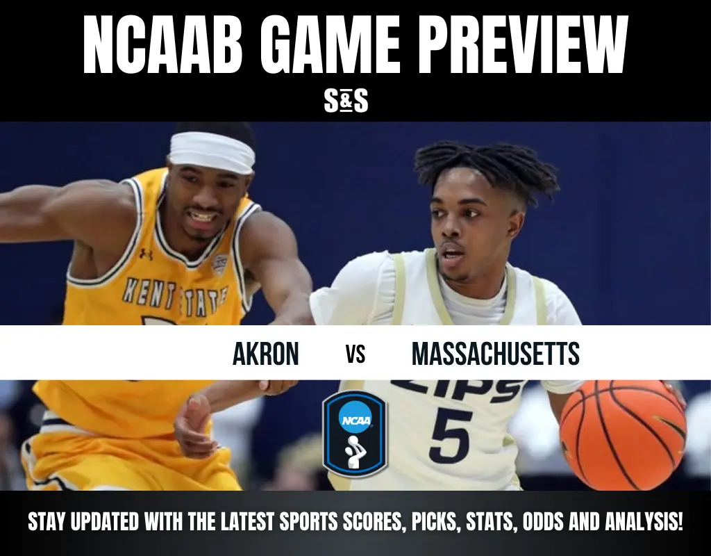 NCAAB Game Preview featuring players from Akron and Massachusetts, with text promoting updates on scores and analytics.