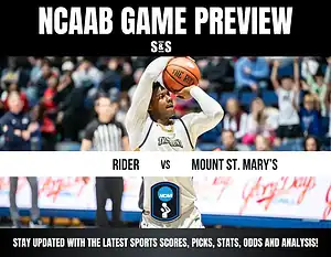 Player shooting a basketball during a college game preview between Rider and Mount St. Mary's, with an engaged crowd in the background.