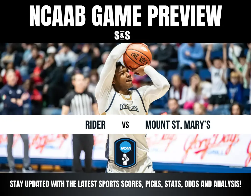 Player shooting a basketball during a college game preview between Rider and Mount St. Mary's, with an engaged crowd in the background.