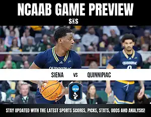 NCAA basketball game preview featuring Quinnipiac vs. Siena, with players actively participating and a basketball highlighted.