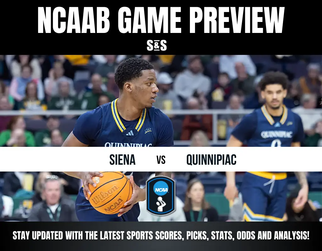 NCAA basketball game preview featuring Quinnipiac vs. Siena, with players actively participating and a basketball highlighted.