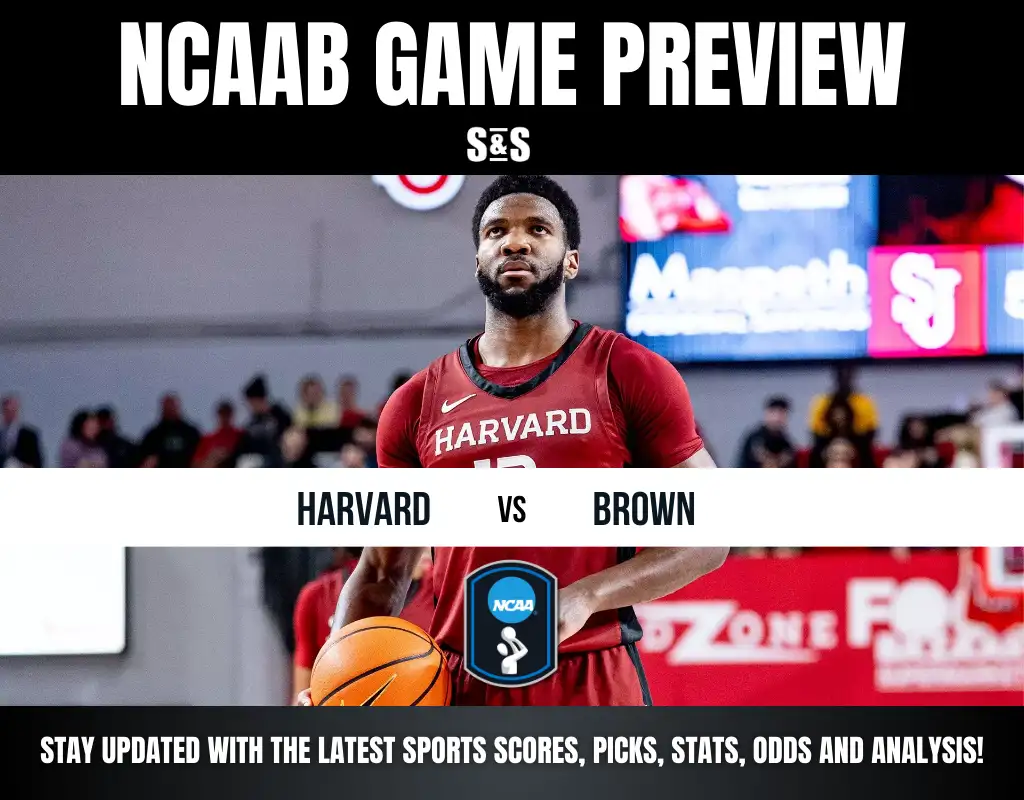 NCAA Basketball game preview featuring Harvard versus Brown, highlighting team logos and promotional text for sports updates.