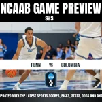 A basketball player dribbles a ball during a game preview for Penn vs. Columbia, with spectators in the background.