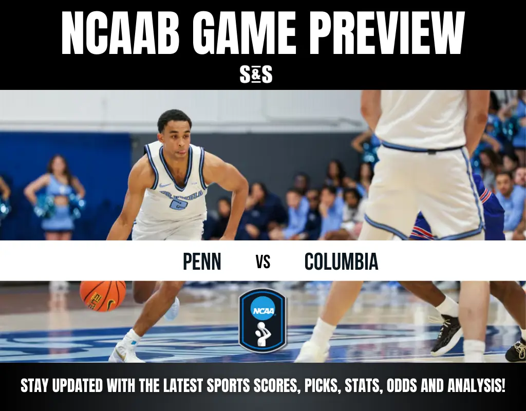 A basketball player dribbles a ball during a game preview for Penn vs. Columbia, with spectators in the background.