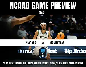 NCAA basketball game preview featuring Niagara vs. Manhattan, with a player dribbling a basketball in action.