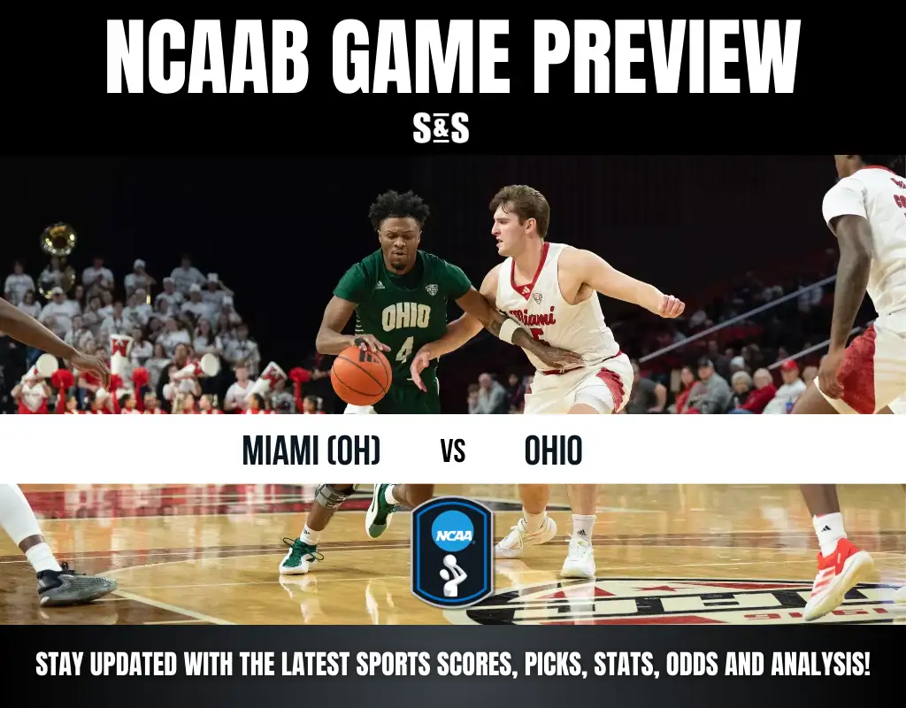 NCAAB game preview featuring Miami (OH) vs. Ohio, with players in action on the court and fans in the background.