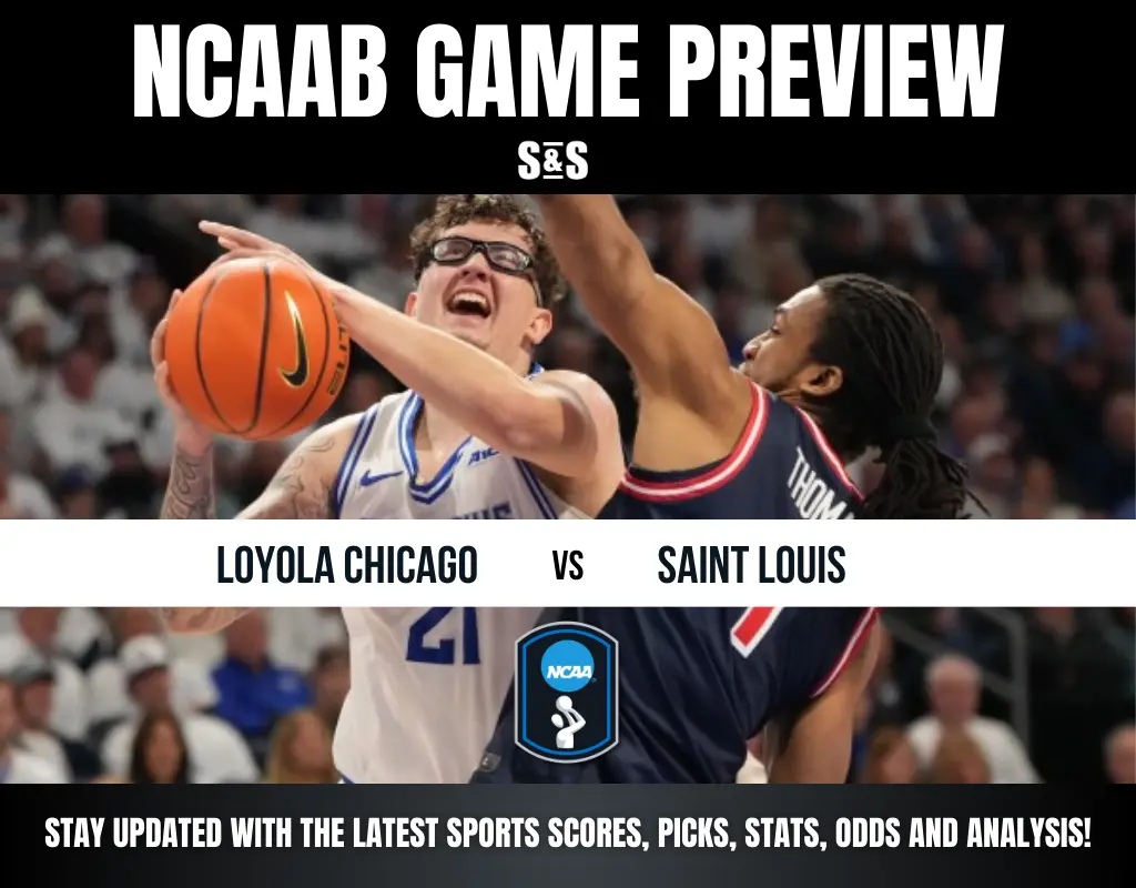 College basketball players compete intensely during a game preview between Loyola Chicago and Saint Louis.