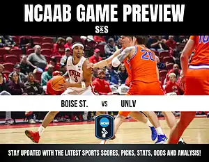 Basketball players from Boise State and UNLV compete on the court, with fans in the stands. NCAA game preview featured above.