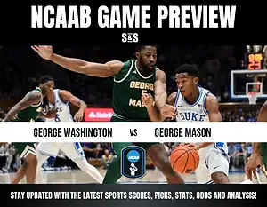 NCAA basketball game preview featuring George Washington vs. George Mason, highlighting action on the court.