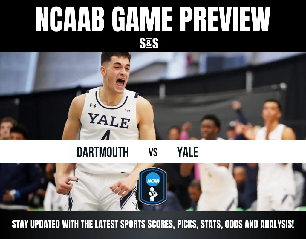 NCAAB game preview image featuring Dartmouth vs. Yale, with players in action and an emphasis on sports updates.