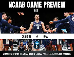 NCAA basketball game preview featuring UConn players in uniform, with "Canisius vs. Iona" prominently displayed.