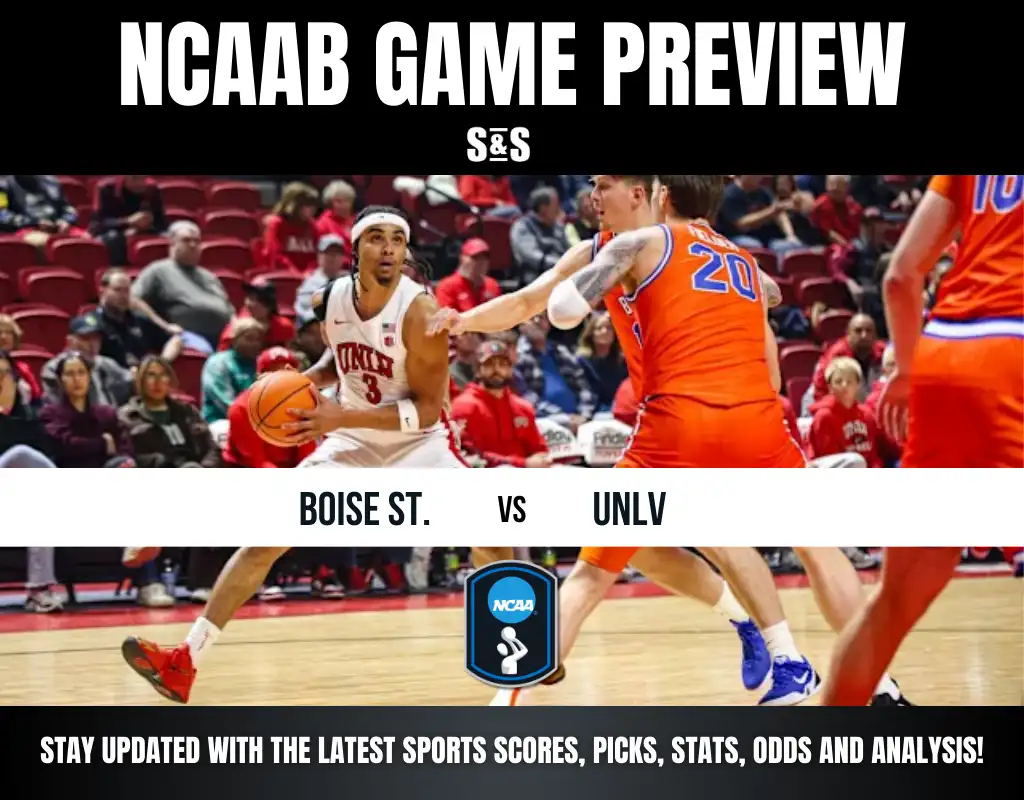 Basketball players from Boise State and UNLV compete on the court, with fans in the stands. NCAA game preview featured above.