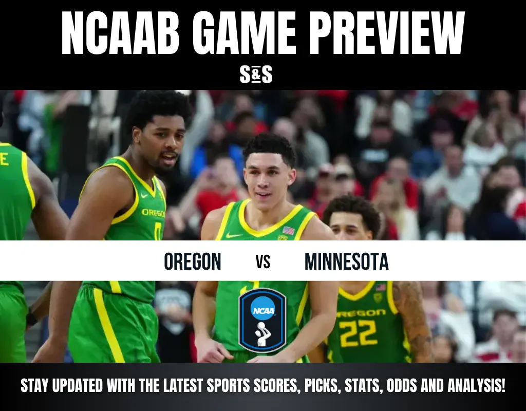 NCAAB game preview featuring Oregon vs. Minnesota, showcasing players in green and yellow uniforms with a lively crowd in the background.