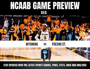 NCAAB game preview featuring Wyoming vs. Fresno State, with fans cheering in a vibrant arena.