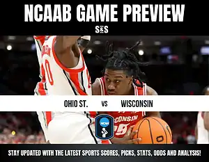 Image shows two basketball players from Ohio State and Wisconsin in action during a game preview, with game details and updates.