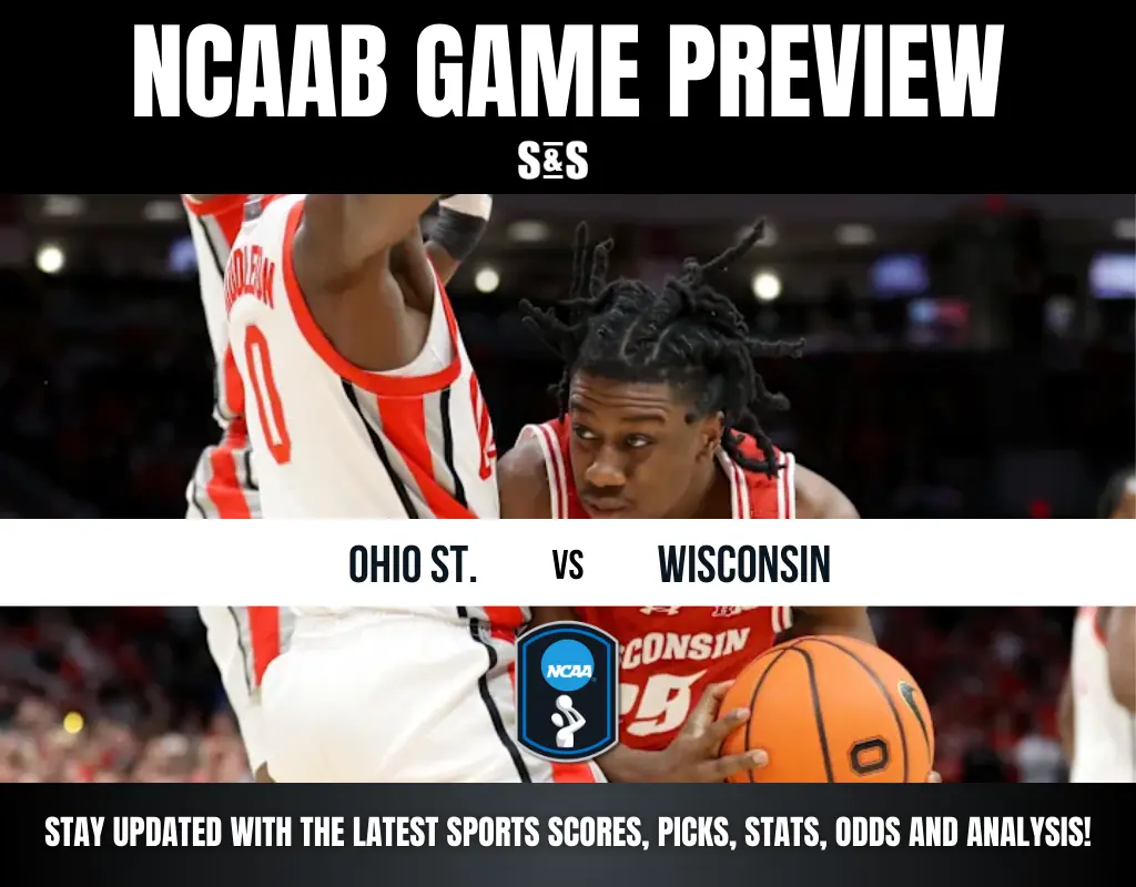 Image shows two basketball players from Ohio State and Wisconsin in action during a game preview, with game details and updates.
