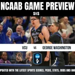 Cheering fans celebrate during an NCAA basketball game preview between VCU and George Washington, featuring players in action.