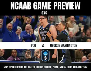 Cheering fans celebrate during an NCAA basketball game preview between VCU and George Washington, featuring players in action.