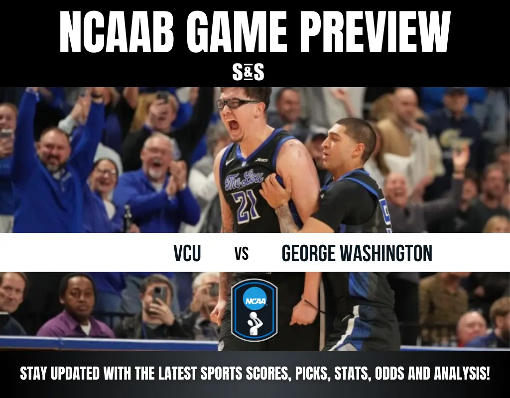 Cheering fans celebrate during an NCAA basketball game preview between VCU and George Washington, featuring players in action.