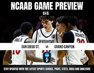 Four basketball players in uniforms from San Diego State and Grand Canyon pose together for an NCAA game preview.
