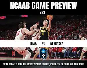 Action shot of a basketball game between Iowa and Nebraska, showcasing players in motion and a packed arena.