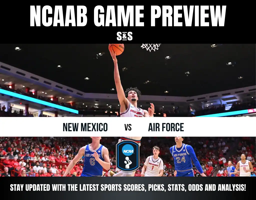 NCAA basketball game preview featuring New Mexico versus Air Force, showcasing players in action on the court.