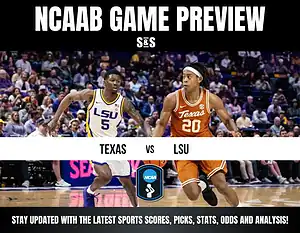 Two basketball players in action, representing Texas and LSU, with fans cheering in the background. NCAA game preview highlighted.