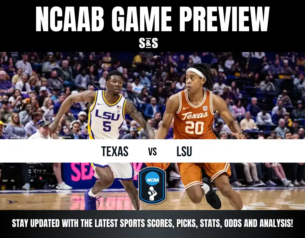 Two basketball players in action, representing Texas and LSU, with fans cheering in the background. NCAA game preview highlighted.