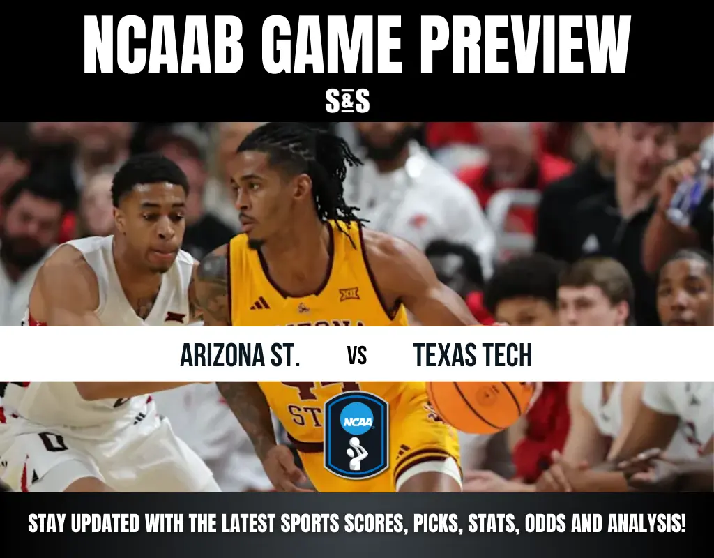 NCAA basketball preview featuring Arizona State vs. Texas Tech, with players in action and game details displayed prominently.