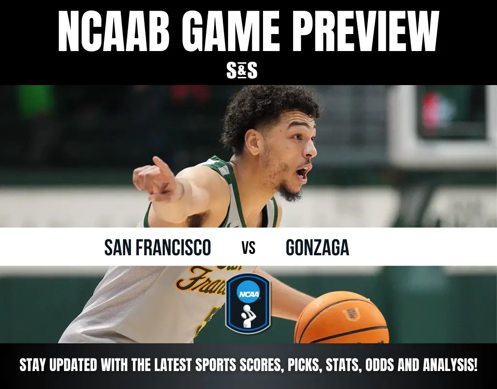 NCAA basketball preview graphic featuring San Francisco vs. Gonzaga with a player in action holding a basketball.