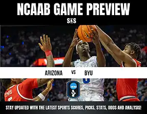 NCAA basketball game preview featuring Arizona vs. BYU, showcasing intense action on the court and promotional text below.