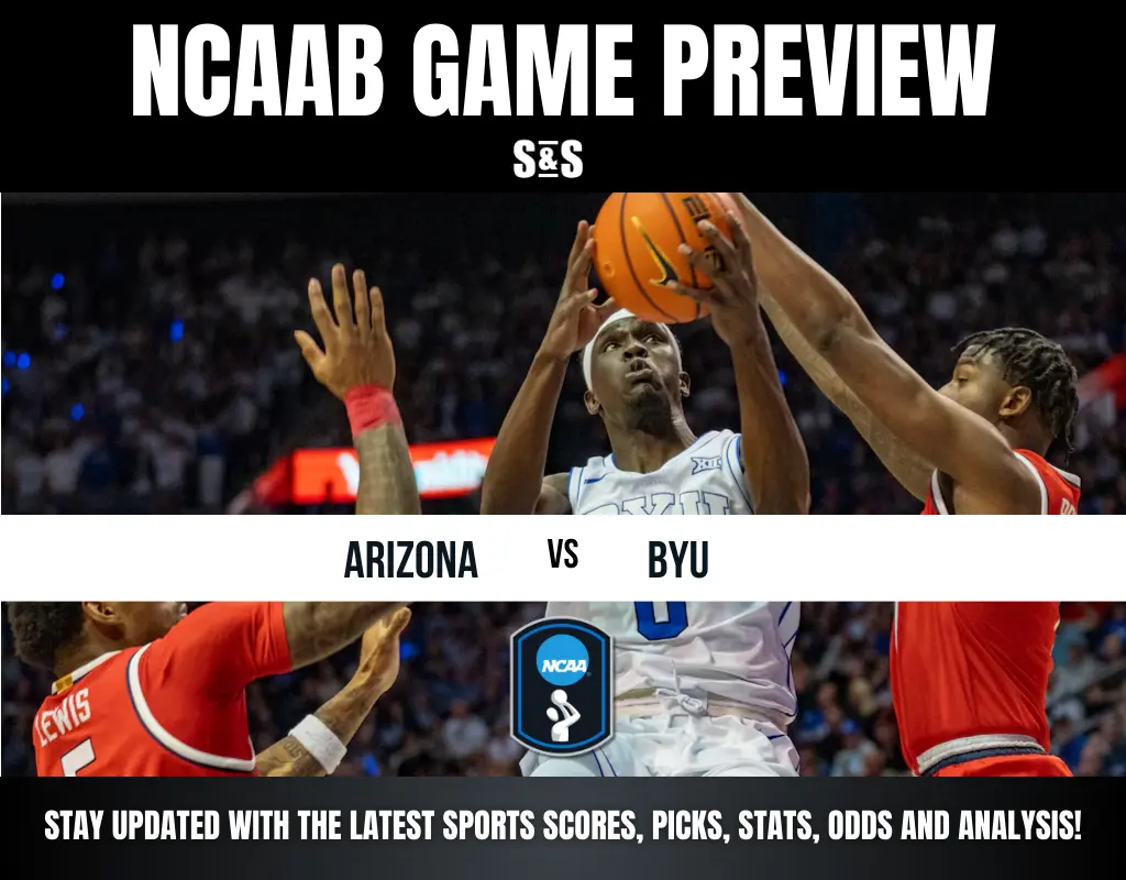 NCAA basketball game preview featuring Arizona vs. BYU, showcasing intense action on the court and promotional text below.