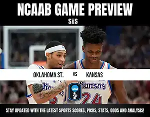 NCAA Game Preview featuring Oklahoma State vs. Kansas with basketball players in action, showcasing team jerseys and excitement.