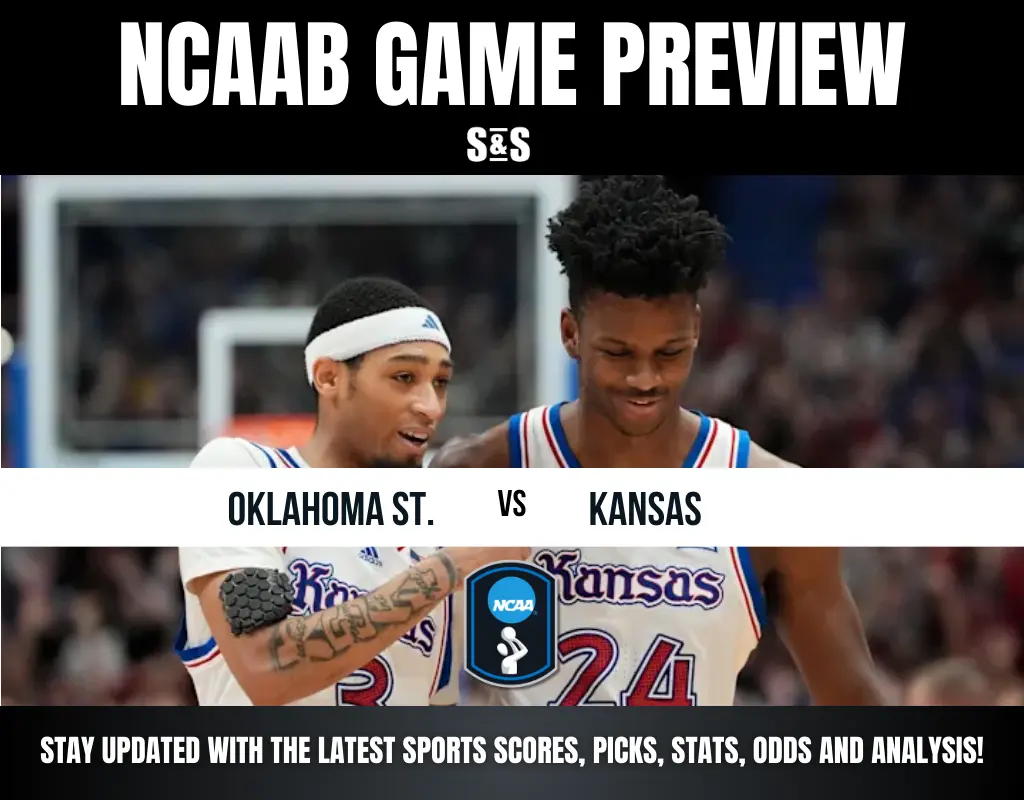 NCAA Game Preview featuring Oklahoma State vs. Kansas with basketball players in action, showcasing team jerseys and excitement.