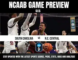 NCAA basketball game preview featuring South Carolina vs. N.C. Central, with players actively engaged in a game.