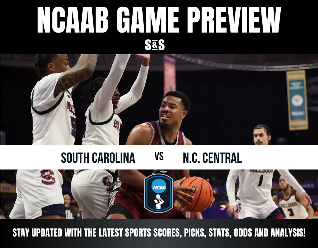 NCAA basketball game preview featuring South Carolina vs. N.C. Central, with players actively engaged in a game.