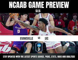 NCAA basketball preview featuring Evansville versus UIC, highlighting action on the court with players in competitive poses.