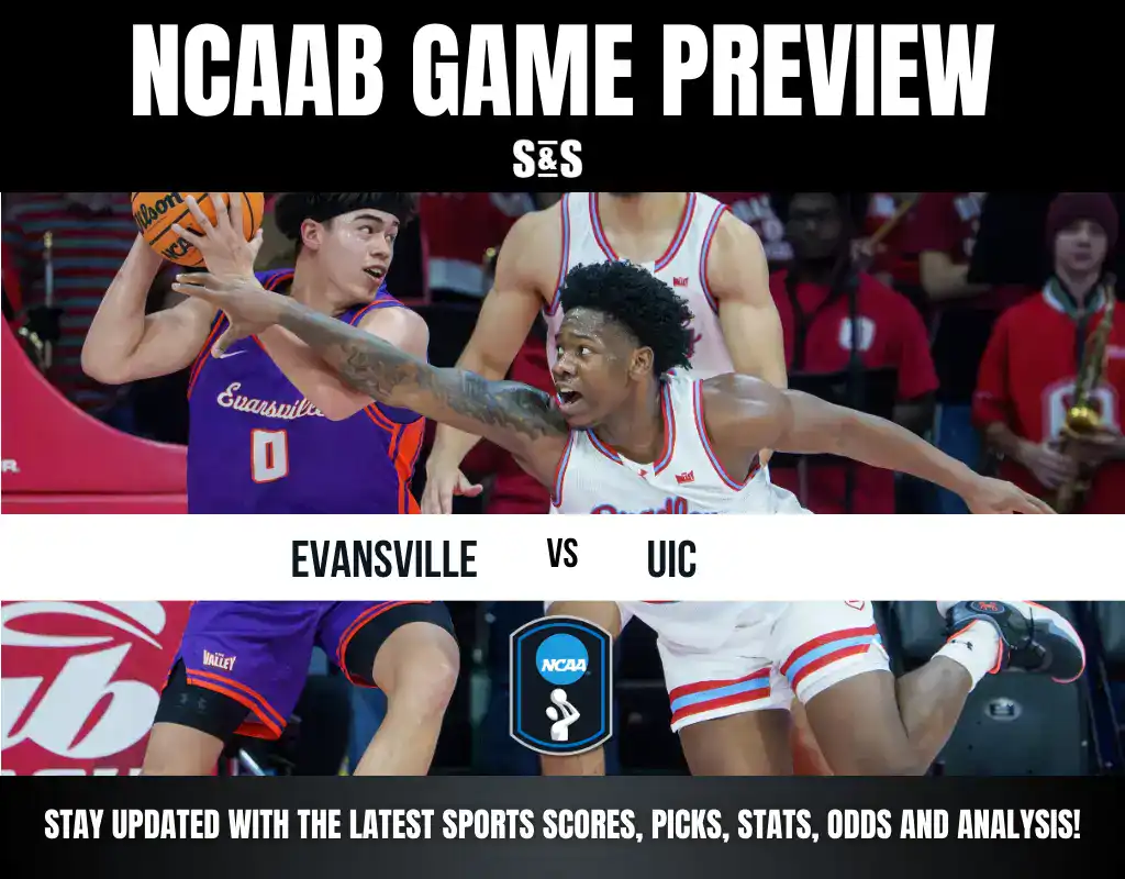 NCAA basketball preview featuring Evansville versus UIC, highlighting action on the court with players in competitive poses.