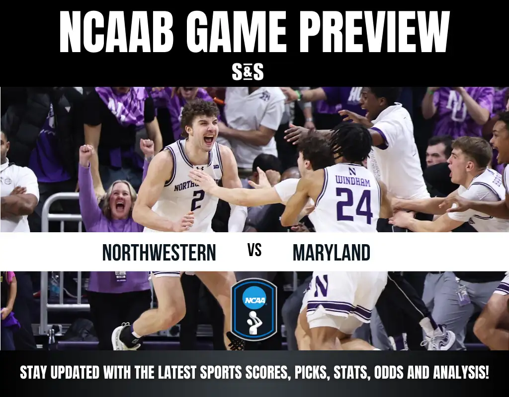 NCAAB Game Preview featuring Northwestern vs Maryland, with a background of players celebrating and fans cheering. Stay updated with the latest sports scores, picks, stats, odds and analysis!