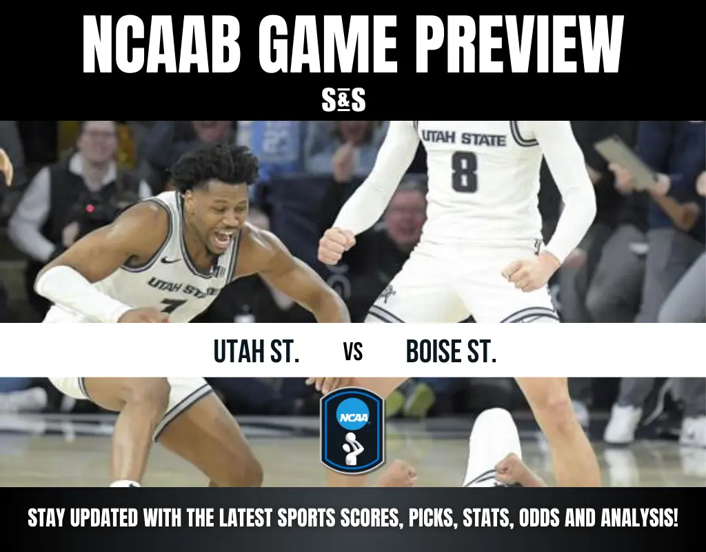 NCAA game preview featuring Utah State vs. Boise State, highlighting players in action during a competitive basketball match.