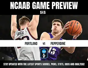 NCAA men's basketball matchup preview between Portland and Pepperdine, featuring players in action with a basketball.