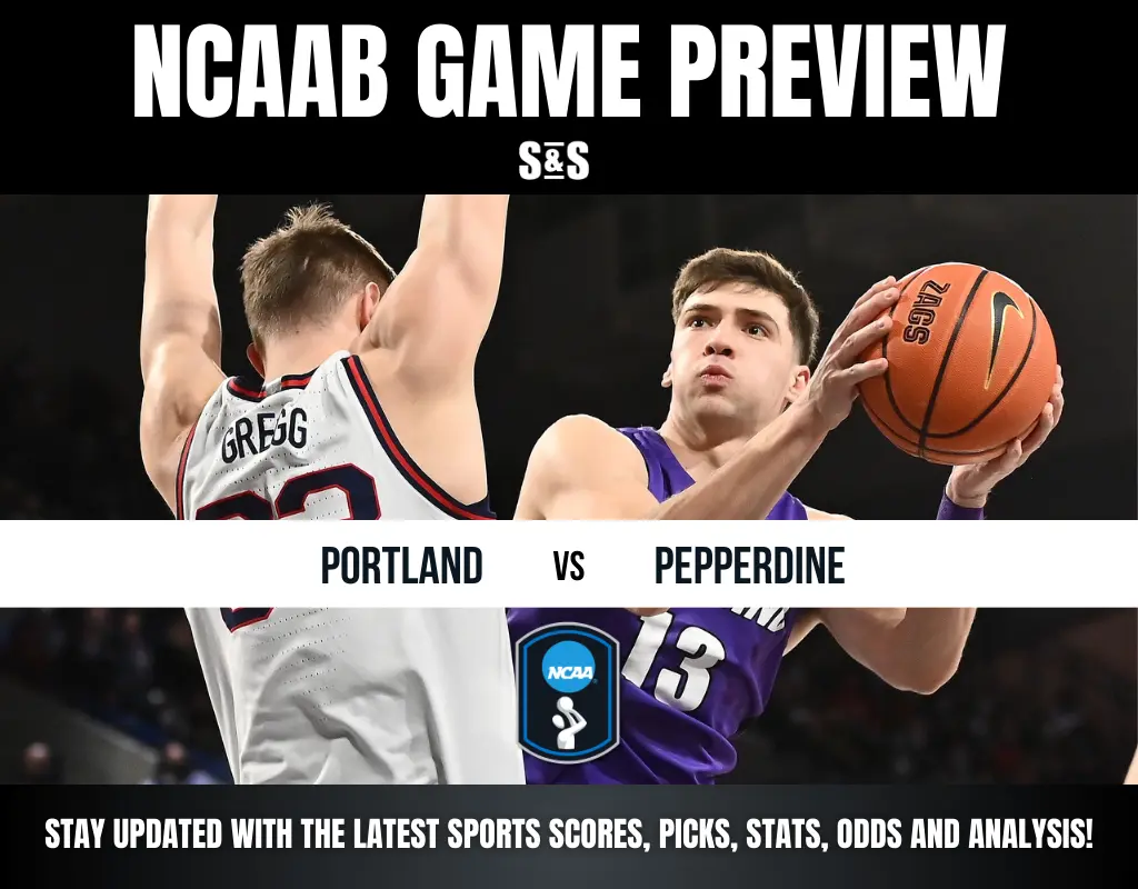 NCAA men's basketball matchup preview between Portland and Pepperdine, featuring players in action with a basketball.