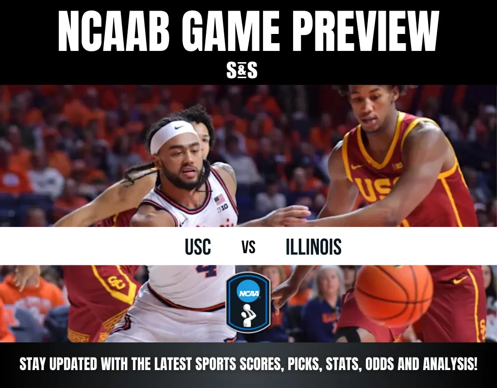 NCAA basketball game preview featuring USC vs. Illinois, with action shots of players competing for the ball.