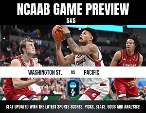 Action-packed scene of college basketball players from Washington State and Pacific competing. NCAA game preview highlighted at the top.