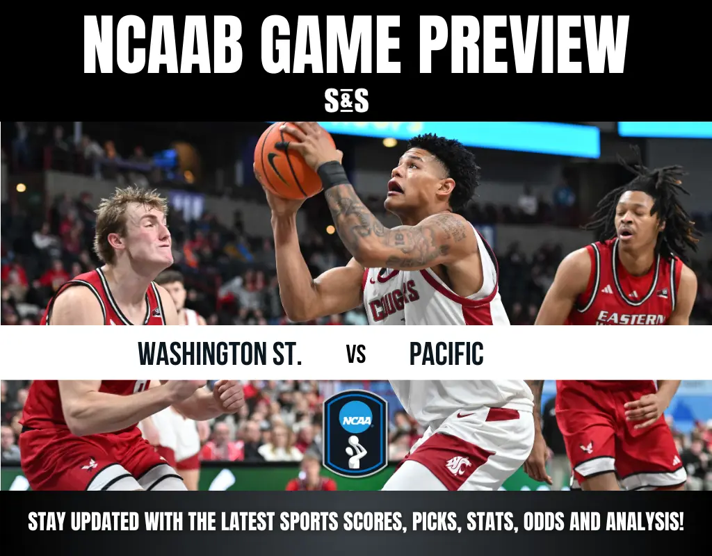 Action-packed scene of college basketball players from Washington State and Pacific competing. NCAA game preview highlighted at the top.