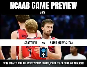 NCAA basketball game preview between Seattle U and Saint Mary's (CA), featuring players in team jerseys.