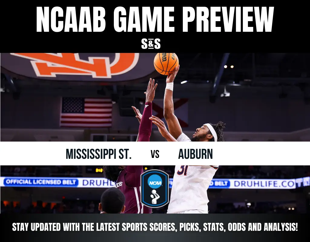 NCAA basketball preview graphic featuring a matchup between Mississippi State and Auburn, highlighting key sports updates and analysis.